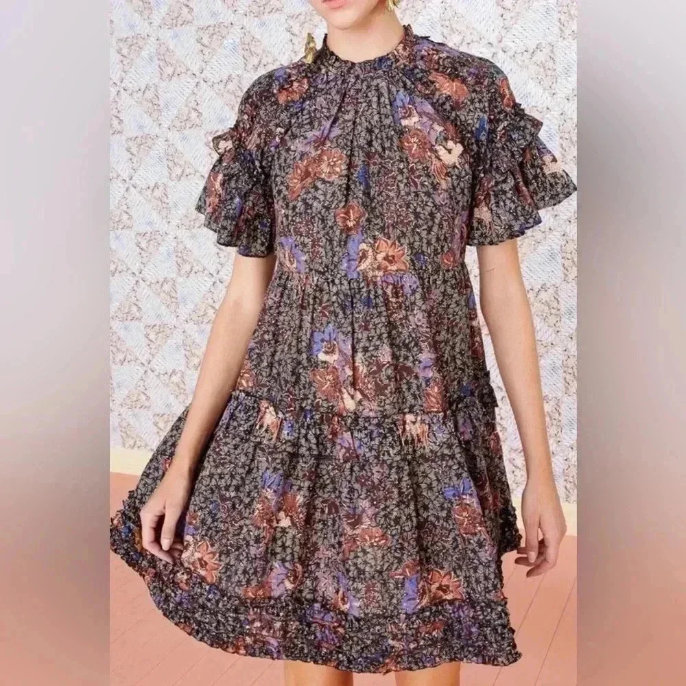 Ulla Johnson Delia Dress Jet Mock Neck Printed Midi Size 4